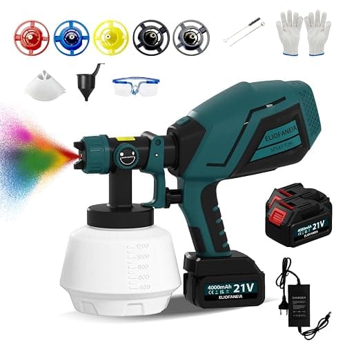 ELIOFANEIA Pistolet à Peinture 2 x 4000mAh Batteries Au Lithium et Chargeur 21V, Pulvérisateur Électrique 1200ML HVLP, 5 Buses, 3 Modes de Pulvérisation pour Maison,Armoires,Murs,Meubles - Image 1