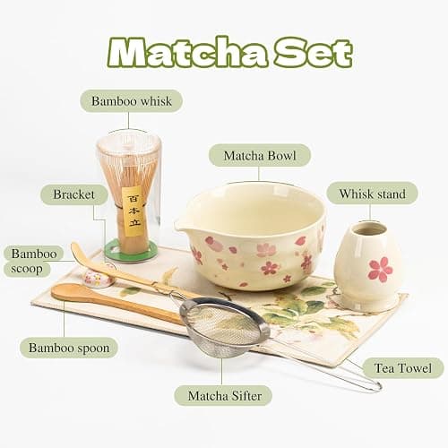 Grnstf Matcha Set 8-Piece Japanese Tea Ceremony Kit with Ceramic Bowl, Bamboo Whisk & Holder, 2 Scoops, Strainer, Tea Cloth - Complete Gift Set for Traditional Brewing(Gradient flower) thumbnail 4