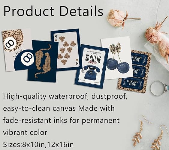 6Pcs Navy Blue Trendy Leopard Canvas Wall Art Fashion Lucky 8 Ball Painting pictures Preppy Y2K Aesthetics Wall Decor Trend Cheetah Prints Artwork for College Dorm Home Decoration 8x10in Unframed thumbnail 7