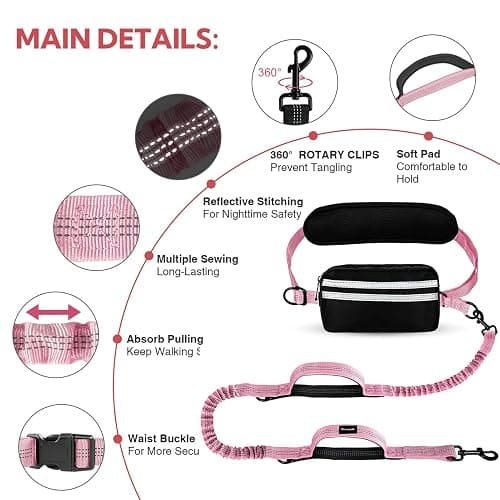 Yicostar Hands Free Dog Leash, Adjustable Waist Belt with Double Padded Handles No Pull,Pink thumbnail 3