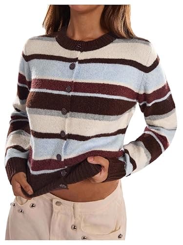 RoseSeek Women's Striped Color Block Cropped Cardigan Button Down Long Sleeve Old Money Sweaters - Image 1