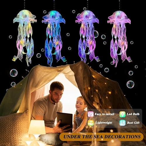 Jellyfish Decor, 4 Pcs Jellyfish Lanterns Lamp for Mermaid Theme Party, Hanging Colorful Jelly Fish Decoration Lights for Birthday Party Under The Sea Party Decoration for Women Girl Baby (4 Colors) thumbnail 4