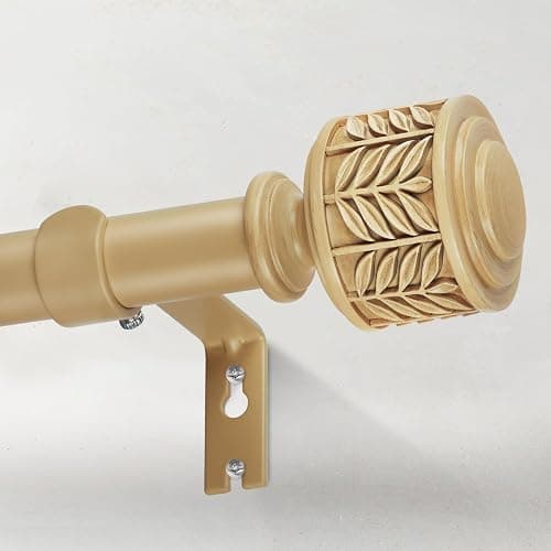 Decorative Wood Curtain Rods for Windows 48 to 84, 1 Inch Heavy Duty Boho Curtain Rod Adjustable with Imitation Wooden Grain Leaf Pattern Finials for Farmhouse/Kitchen/Bedroom, 32"-90" - Image 1