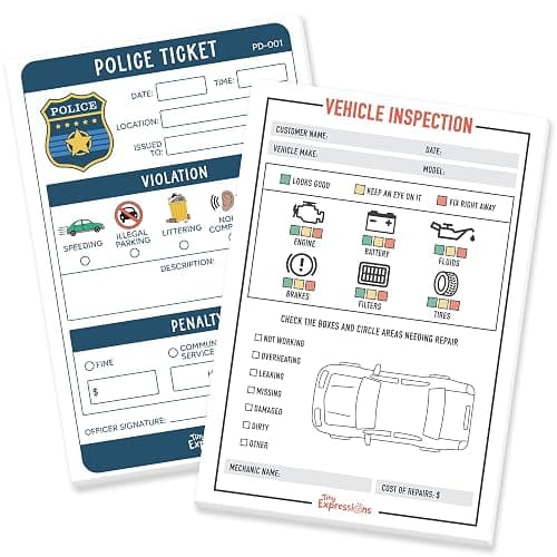 Tiny Expressions Pretend Play Notepads - Police Officer & Vehicle Inspector | 40 Pages Police Ticket & 40 Pages Vehicle Inspection Pads - Officer & Mechanic Imaginative Role Play - Image 1
