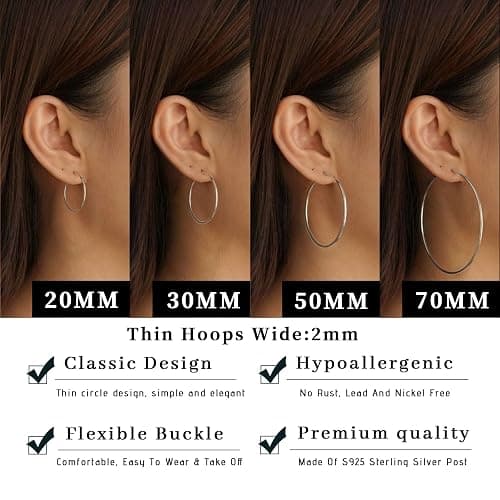 Senteria 2mm Wide 925 Sterling Silver Hoop Earrings for Women Hypoallergenic Lightweight Thin Large Big Gold Plated Hoops Earrings for Women 20/30/50/70MM thumbnail 4