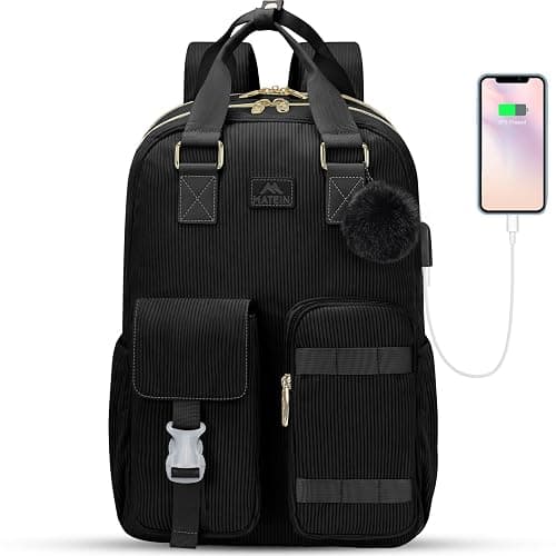 MATEIN Cute Laptop Backpack for Women, 15.6 Inch Corduroy Computer College Backpack with USB Charging Port, TSA Lightweight Aesthetic Back Pack Travel Laptop Daypack for Work Nurse Teacher Gift, Black - Image 1