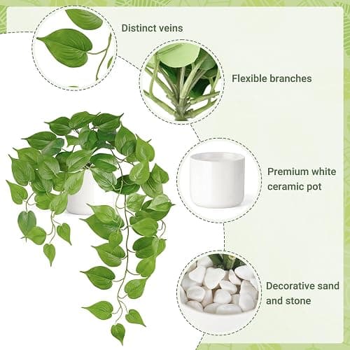 Mkono Fake Hanging Plants with Ceramic Pot, 25" Artificial Plants for Home Decor Indoor Faux Green Leaf Plant with Modern White Planter for Desk Shelf Bathroom Decoration (Pothos) (Green) thumbnail 5