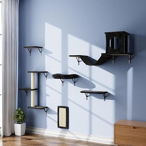 NUNU LAB Wall Mounted Cat Climber Set, 6 Pcs Cat Furniture Set with House, Bridge, Steps, Scratcher Board and Hammock, Shelves for Indoor, Luxury Walls Furniture(Black) thumbnail 7