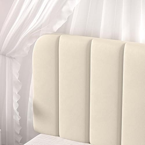 VECELO Twin Size Bed Frame with Upholstered Headboard, Velvet Platform Bedframe Mattress Foundation, Strong Wood Slat Support, No Box Spring Needed,Velvet Beige thumbnail 3