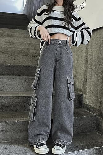 AOWKULAE Girls Jeans Elastic Waist Wide Leg Pants Kids Jeans 4-14 Years - 8-9 Years - B1-gray thumbnail 5