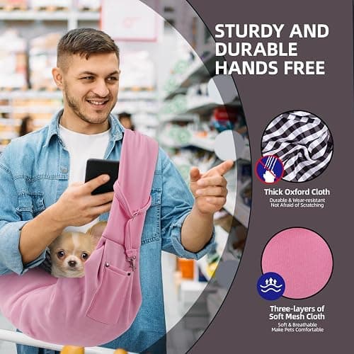 Dog Carrier Sling - Reversible Puppy Carrier Purse with Storage Pocket, Hand-Free Dog Sling Carrier for Carry Small Dogs and Cats, Travel Safety Harness, Dog and Cat Harness (Pink) thumbnail 7