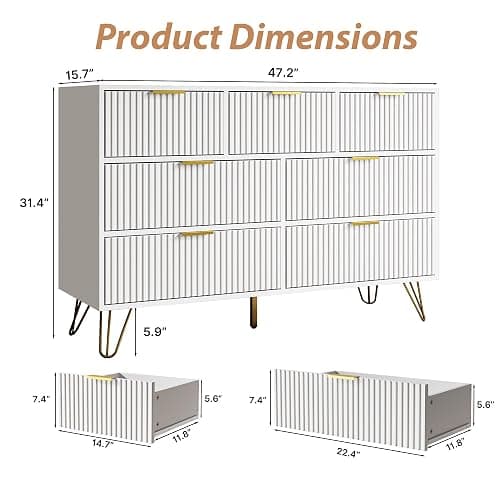 MAISONARIA White Dresser for Bedroom, 7 Drawer Dresser with Gold Pulls, Wide Chest of Drawers for Bedroom, Entryway, 47.2" L x 15.7" D x 31.4" H thumbnail 2