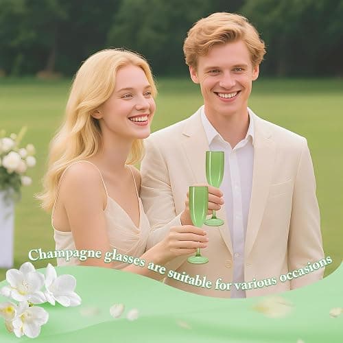LEYIQU Green Champagne Flutes Set of 24, Plastic Pure Acrylic Glasses Goblets Cups Shatterproof Reusable, for Valentine’s Day Wedding Party Mimosa Bar Anniversary Event Drinks thumbnail 5