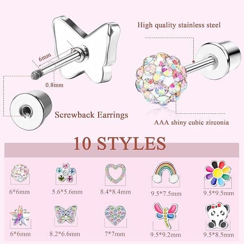 Finrezio Hypoallergenic Earrings for Girls Women Surgical Steel Screw Back Earrings Cute Earrings Girls Earrings Ages 8-12 Hypoallergenic Screwback Stud Earring Set thumbnail 3