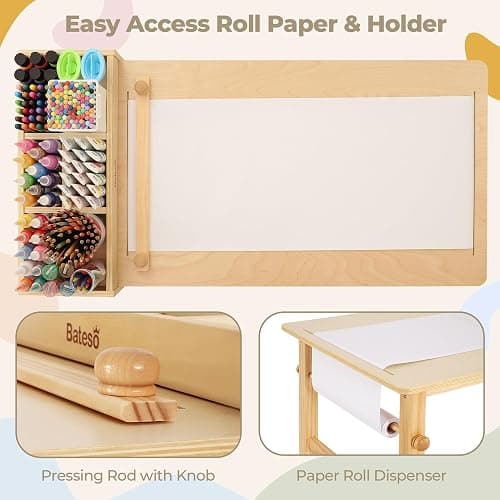 Bateso Kids Art Table and 2 Chairs Set with Roll Paper & Storage, Wooden Kid Craft Table for Drawing, Learning and Reading, Toddler Activity Play Desk for Home, Playroom or Classroom thumbnail 3