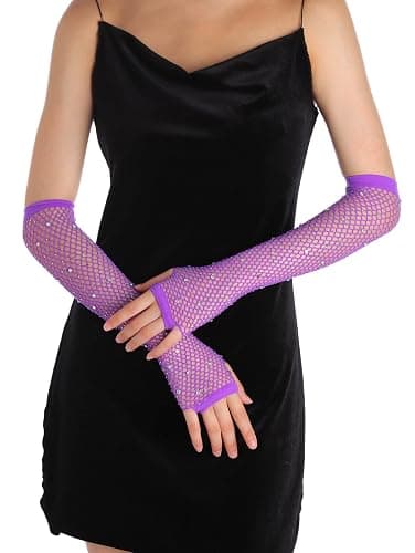 OTPEH Women Fishnet Rhinestone Gloves Fingerless Fish Net Arm Sleeve Warmers 80s Emo Scene Accessories thumbnail 4
