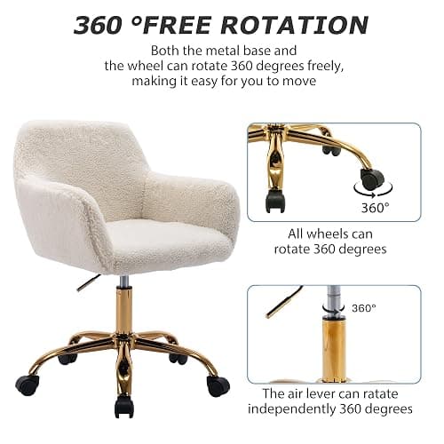 KCC Faux Fur Office Desk Chair, Comfy Swivel Armchair with Wheels, Upholstered Fuzzy Vanity Chair, Adjustable Height, White thumbnail 5