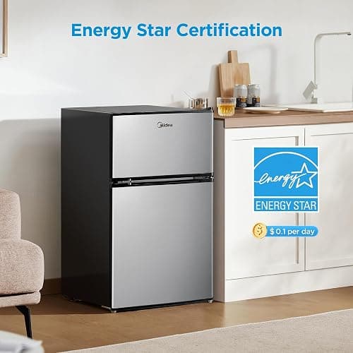 Midea WHD-113FSS1 Double Door Mini Fridge with Freezer for Bedroom Office with Adjustable Legs Removable Glass Shelves Compact Refrigerator, 3.1 cu ft, Stainless Steel thumbnail 5