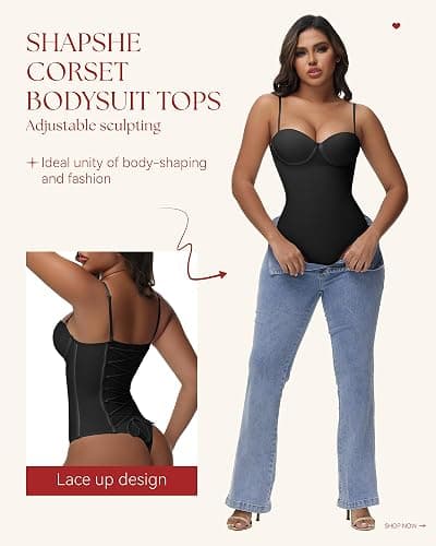 SHAPSHE Strapless Shapewear Corset Bodysuit Tops for Women Tummy Control V Neck Thong Body Shaper Going Out Outfits thumbnail 2