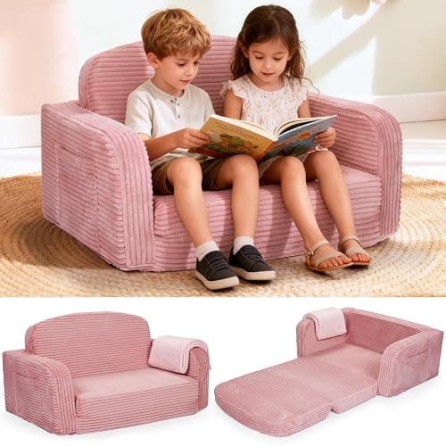 Foryoomi Extra Wide 2 in 1 Convertible Toddler Kids Couch - Corduroy Fold Out Kids Sofa Chair with Blanket, Comfy Comfortable Toddler Chair, Machine-Washable Cover, for Boys Girls, Pink - Image 1