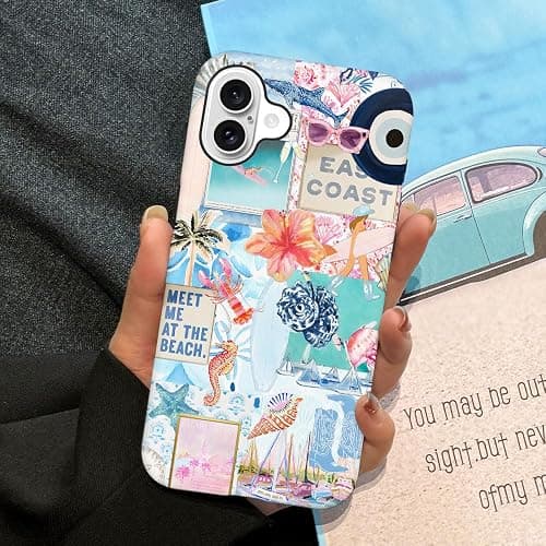 Generic Case Compatible with iPhone 16 Plus,Scratch Resistant Hybrid 2-Layer Hard Shell Phone Case,Seashells Beach Summer Jellyfish Collage thumbnail 5