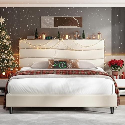 EnHomee Full Size Bed Frame with Fabric Headboard, Upholstered Full Bed Frame with 3 Charging Stations, Wooden Slats, Noise-Free, No Box Spring Needed, Beige - Image 1