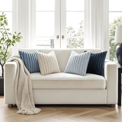 MIULEE Faux Fur Plush Decorative Throw Pillow Covers 18x18 Set of 4, Summer Modern Soft Fuzzy Coastal Striped Cushion Covers for Sofa Couch Bed Living Room Cozy Home Decor,Navy Blue thumbnail 4