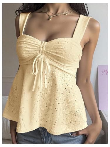 Milumia Women's Eyelet Tie Front Ruched Tank Tops Y2k Going Out Peplum Top | Babydoll, Sexy Slim Fit, Sleeveless, Flowy, Summer, Beach Vacation Outfits, Country Concert thumbnail 5