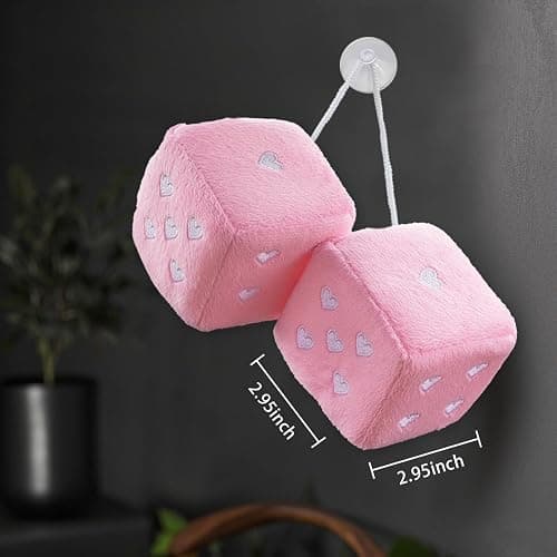 Heart Shaped Vintage Embroidered Fuzzy Plush Dice, Pair 3” Heart Shaped Hanging Dice Ornaments, New Car Decorative Vintage Accessories for Car Interior Rearview Mirror(Pink) thumbnail 3