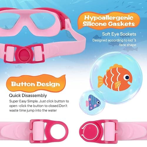 SIMAKARA Swimming Goggles Kids 6-14, Boys and Girls Swimming Goggles Age from 3 to 15 Years Old, Wide Vision, Anti-Fog, Waterproof, No Leaking, UV Protection-with FREE Case,Nose Clip Ear Plugs - pink thumbnail 3