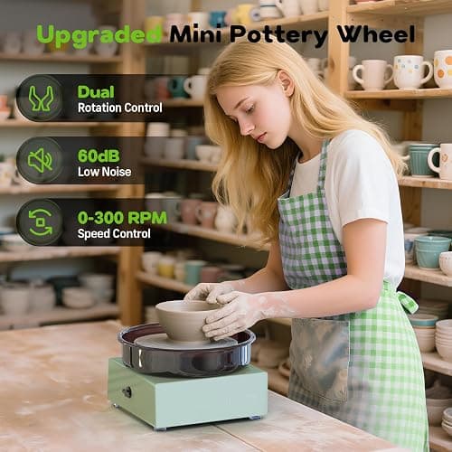 Alldeer Mini Pottery Wheel for Kids, Beginners, Adults, All-in-one Kit | 6" Clay Wheel, Two-Way Rotation, Adjustable Speed, Removable Splash Tray, 18PCS Sculpting Tools, Gift for Teens Girls Boys thumbnail 2