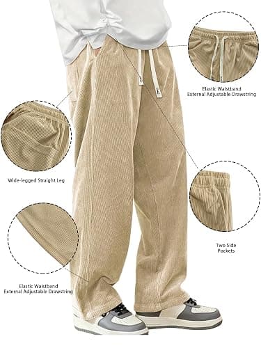 Hidkat Mens Corduroy Casual Pants Fashion Loose Fit Wide Leg Pants Straight Sweatpants Elastic Waist Drawstring thumbnail 3