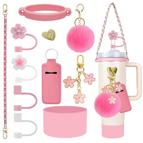Velaco 11 PCS Accessories for Stanley Cup, Water Bottle Handle Strap for Stanley 30/40 oz tumbler with handle, including Straw Toppers, Silicone Cup Boot, Keychain Charms - PINK - Image 1