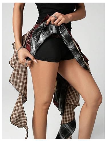 SOLY HUX Women's Plaid Skirt Y2k A Line Layered Asymmetrical Hem Ruffle Mini Skirts with Shorts Underneath thumbnail 3