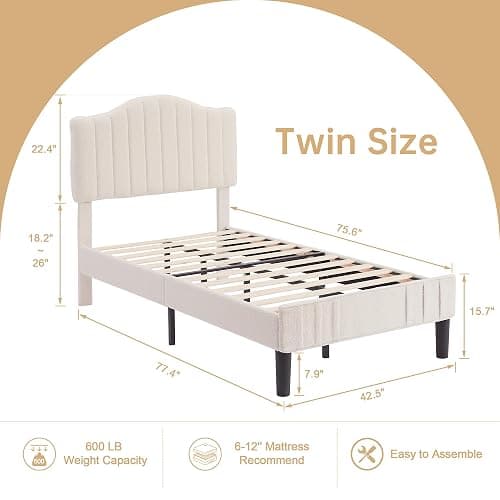 VECELO Twin Bed Frame Upholstered Platform Bed Frame with Height Adjustable Teddy Fabric Headboard, Strong Wood Slats Supports 7.9'' Under Bed Space Noise Free No Box Spring Needed, Cream thumbnail 2