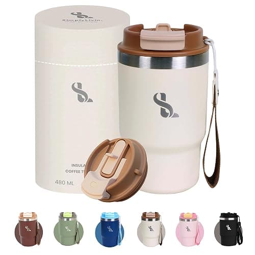 SimplyLivin Insulated Coffee Cup Travel Mug 480ml 16oz | Tumbler Flask with Straw & Spout Lid | Leakproof | 8H Hot 12H Cold | Reusable Coffee Cup | Stainless Steel Tumbler | Gift | Classic Beige - Image 1