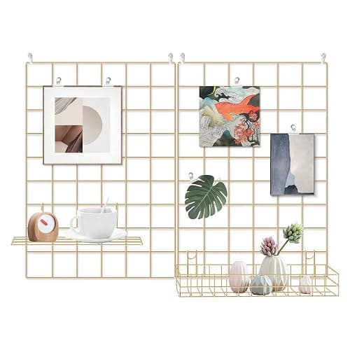 BULYZER Grid Wire Board,for Memo Picture Panel Wall Decoration for Room Office Mat Photo Hanging Art Display Frames Desk Storage Organizer,17.3" x 11.8"(2Pack) (Gold) - Image 1