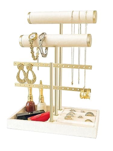 sousac 3 Tier Jewelry Organizer Stand with Detachable Ring Tray, Multi-functional necklace Holder for Bracelet, Earring, Elegant Closet Decor Gift for Women (White) - Image 1
