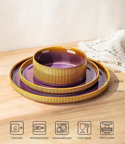 TheTerra Ceramic Dinnerware Sets for 8, 24 Pieces Porcelain Lightweight Plates and Bowls Sets, Scratch Resistant Dish Set, Oven & Microwave & Dishwasher Safe, Amber Amethyst thumbnail 2