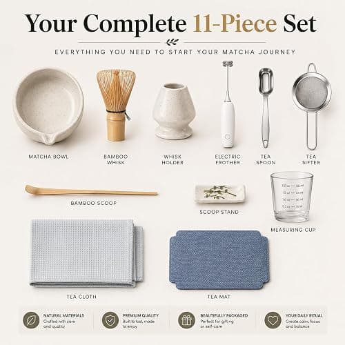 BARISTA EMPEROR® MATCHA WHISK SET l PREMIUM 11pcs - Professional Matcha Kit Set with Matcha Bowl, Matcha Whisk, Milk Frother, Spoon, Sifter, Scoop, Stand, Cup, Tea Mat, Cloth - Matcha Bowl Set thumbnail 6