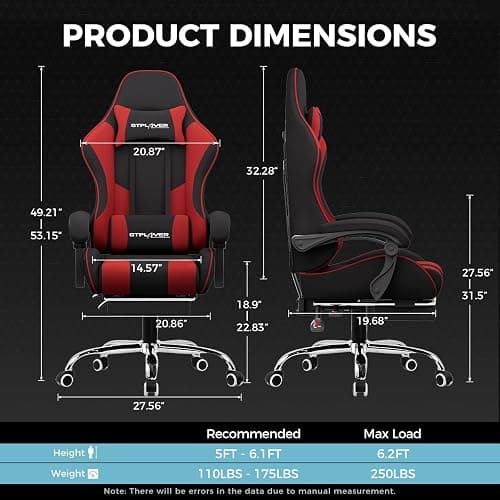 GTPLAYER Gaming Chair, Computer Chair with Footrest and Lumbar Support, Height Adjustable Game Chair with 360°-Swivel Seat and Headrest and for Office or Gaming (RED, Fabric) thumbnail 3