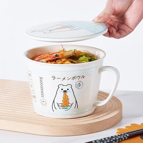 TOPWCK Cute Polar Bear Microwave Ceramic Ramen Bowl with Lid, soup bowls with handles, Gift for Noodle Lovers, ramen noodle microwave cooker, ramen gift Microwave and Dishwasher Safe (Polar Bear) thumbnail 8