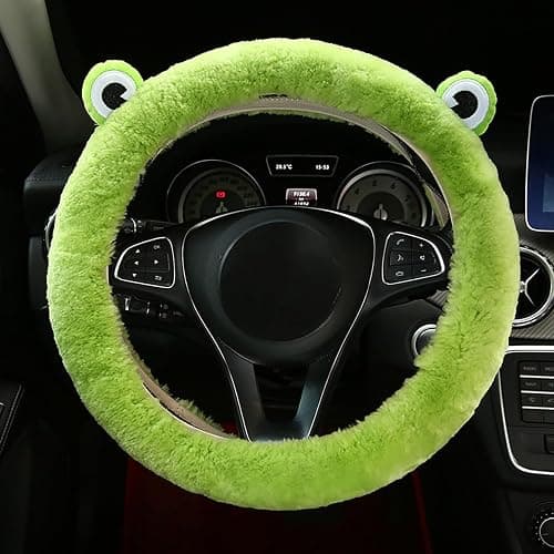 Forala 7-Pack Lovely Cartoon Frog Car Accessories Set Fluffy Wool Sheepskin Steering Wheel Cover with Cup Coasters, Soft Plush Rear Mirror Cover Accessories for Women (Green) thumbnail 2