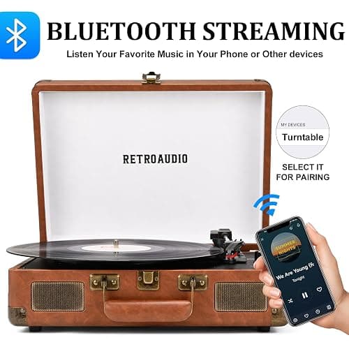 Vinyl Record Player 3-Speed Bluetooth Portable Suitcase Records Player with 2 Built-in Stereo Speakers, Belt-Driven Turntable for Vinyl Records, Support RCA Line Out, AUX Out, Brown thumbnail 2