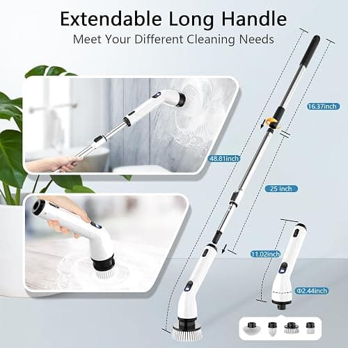 TUYU Electric Spin Scrubber, Full-Body IPX7 Waterproof Bathroom Scrubber with Power LCD Display, Adjustable Extension Handle, Cordless Shower Cleaner Brush for Bathtub Kitchen Wall Cleaning thumbnail 4