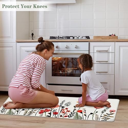Serwrsw Kitchen Mats for Floor 2 Piece White, Colorful Flower Fern Kitchen Floor Mats for in Front of Sink, Floral Kitchen Rugs Non Slip Washable thumbnail 5