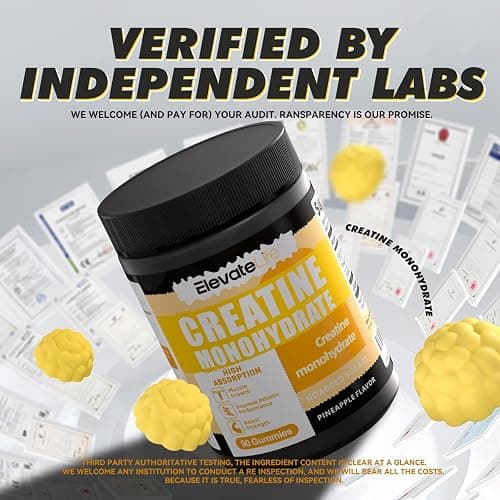 ElevateLife NSF Certified Creatine Monohydrate Gummies 5000mg for Men & Women, Chewables Creatine Monohydrate for Muscle Strength, Muscle Builder, Energy Boost, Pre-Workout Supplement-90 Pineapple thumbnail 4