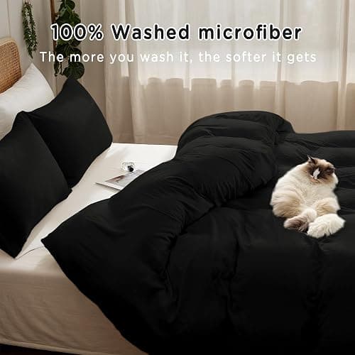 TOCOMOA Duvet Cover Queen Size, 3 Pieces 100% Washed Microfiber Black Comforter Cover, Super Soft and Breathable Duvet Cover 90 x 90 Inches with Zipper Closure thumbnail 2