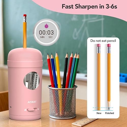 AFMAT Electric Pencil Sharpener, Fully Automatic Pencil Sharpener for 7-8mm Pencils & Colored Pencils, Auto in & Out, Rechargeable Vertical Hands-Free Sharpeners for Classroom/Home/Office PSX7(Pink) thumbnail 7