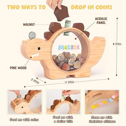 Summidate Wooden Dinosaur Piggy Bank for Kids Boys, Cute Wood Dino Money Bank for Toddlers, Creative Saving Coin Jar, Personalized Present for Child Birthday & Decor (Natrul Wood, Standard) thumbnail 2